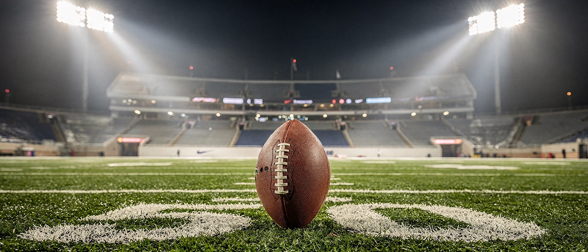 Beleuchtetes American-Football-Stadion bei Nacht mit Flutlicht und grünem Rasenfeld