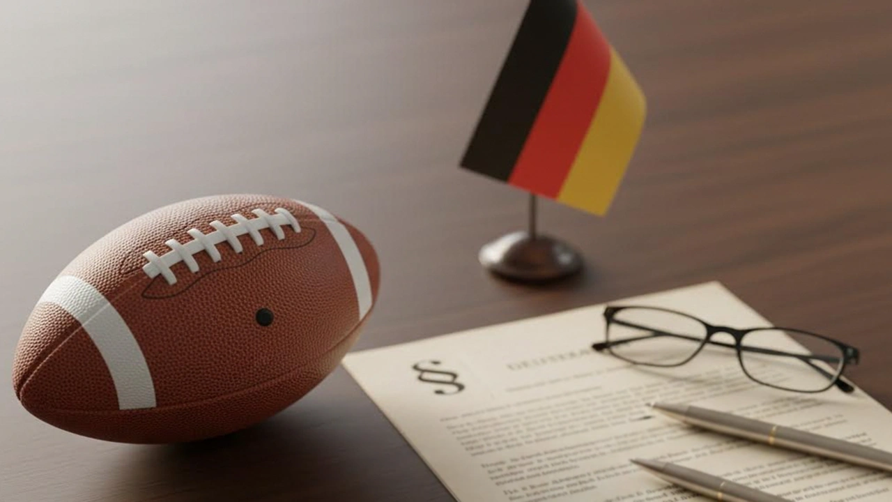 Paragraphen-Symbol neben einem American Football auf einem Schreibtisch mit Dokumenten