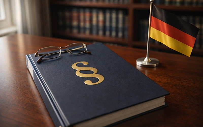 Deutscher Gesetzesordner mit Paragraphenzeichen auf einem Schreibtisch neben einer Deutschlandflagge