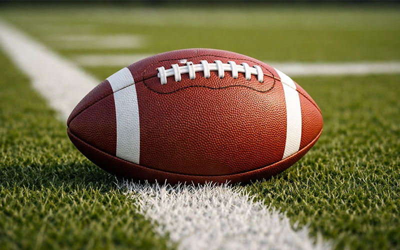 Nahaufnahme eines Football auf der Yard-Linie eines grünen Spielfelds mit weißen Markierungen