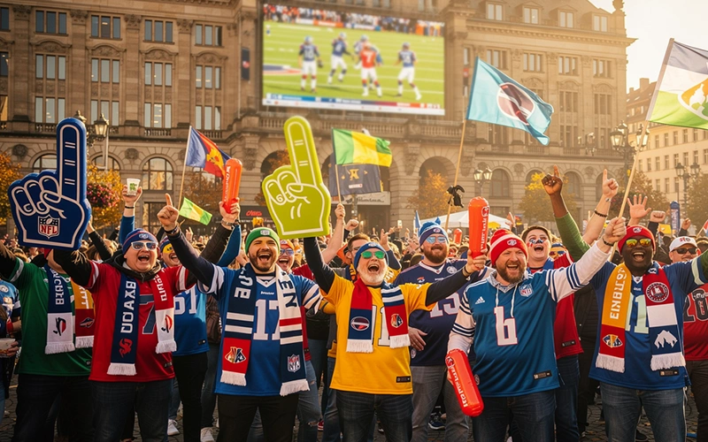 NFL-Fans feiern in München vor der Allianz Arena mit American-Football-Trikots