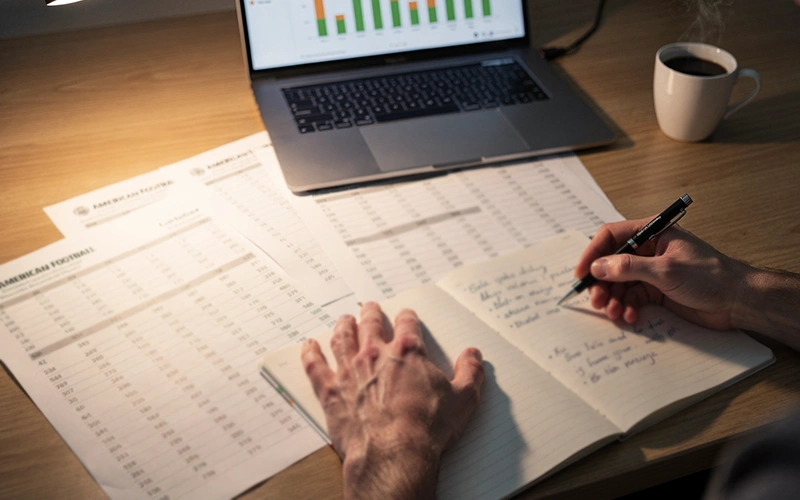 Person analysiert NFL-Spielstatistiken an einem Schreibtisch mit Notizen und einem Bildschirm