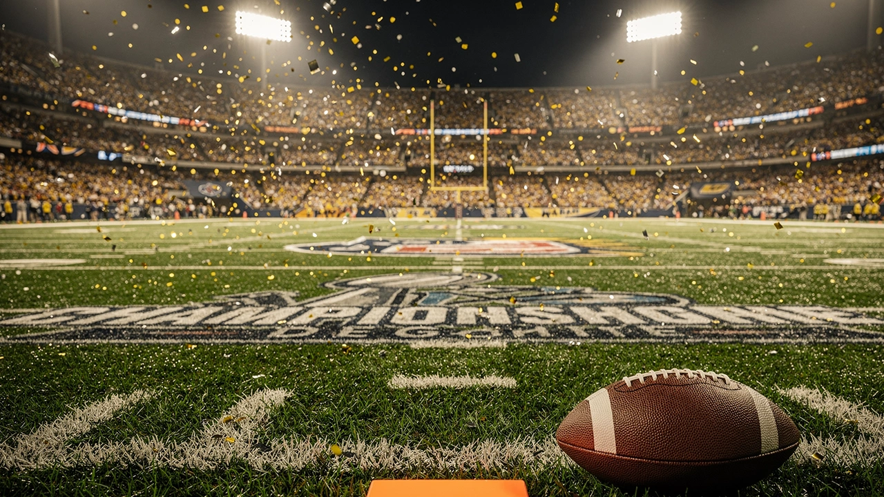 American-Football-Stadion bei Nacht mit Flutlicht und Konfetti nach dem Super Bowl