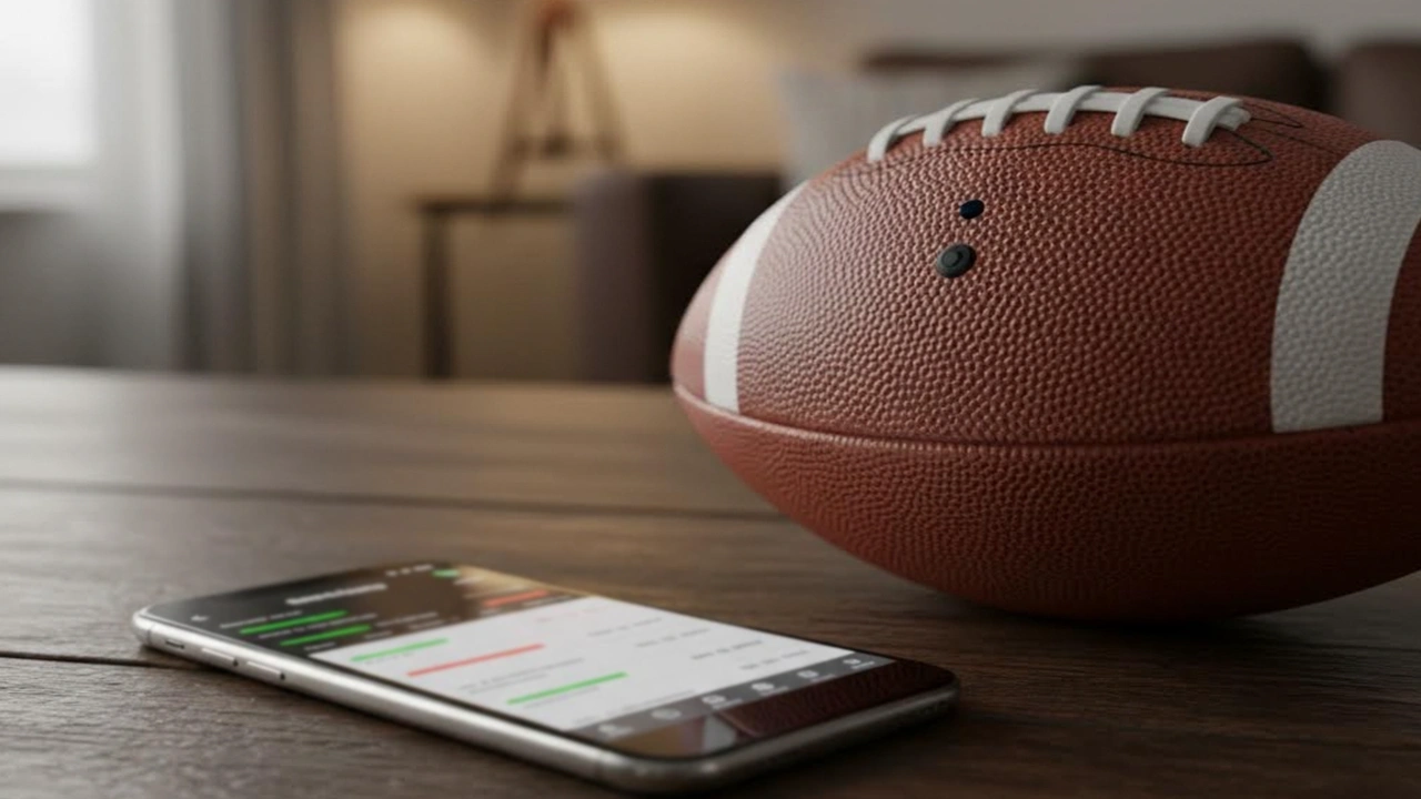 Smartphone mit Sportwetten-App neben einem American Football auf einem Tisch
